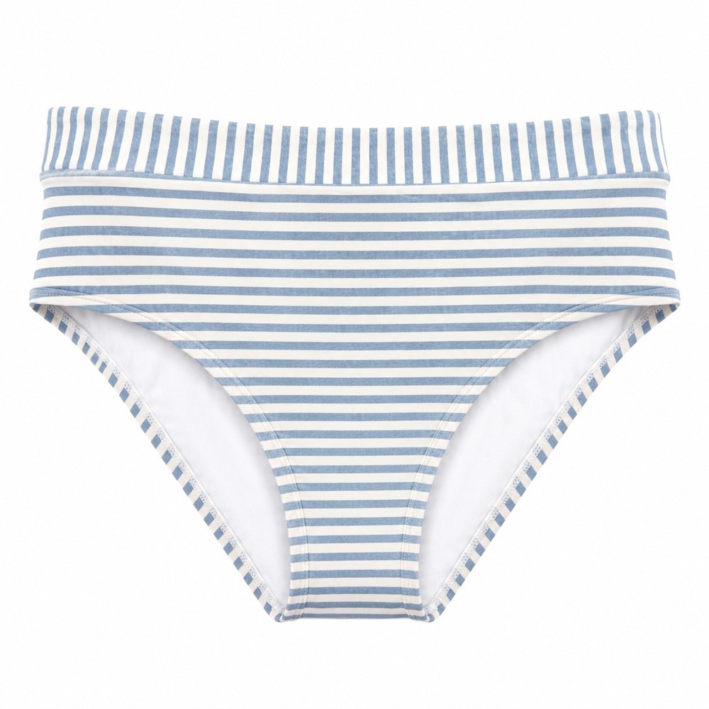 Freshwater NWT High Leg High Waist Bikini Bottom Chambray Blue Striped Large